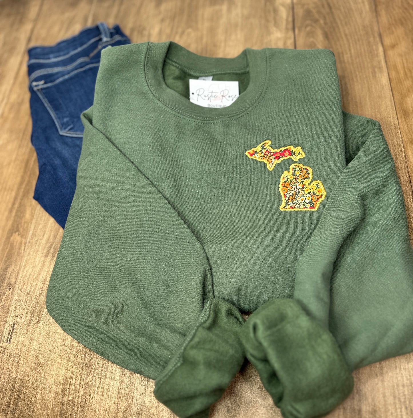 Floral - Military Green Crewneck